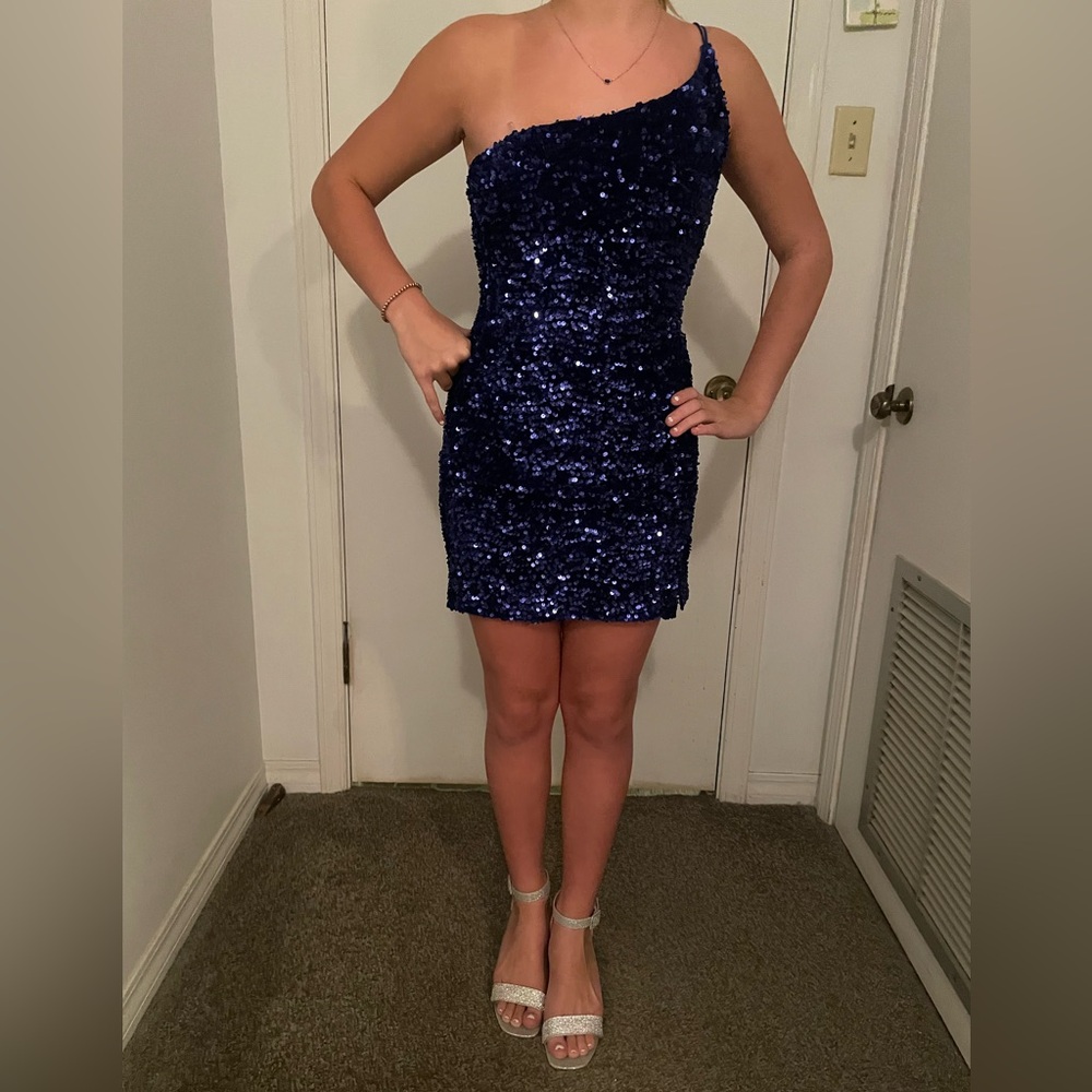 BLUE one shoulder SEQUIN dress